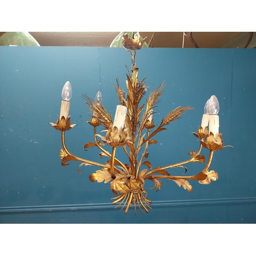 106 - Early 20th C. gilded metal wheat sheaf six branch chandelier {60 cm H x 74 cm Dia.}.