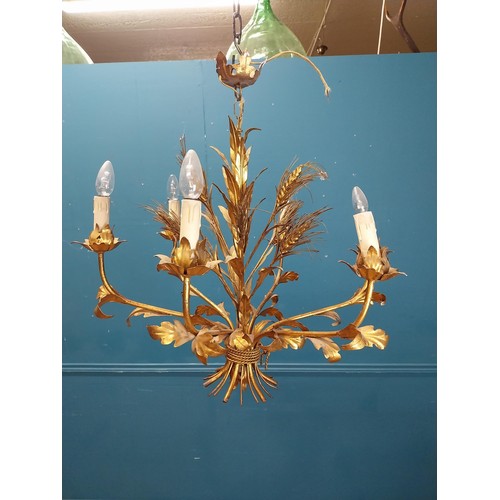 106 - Early 20th C. gilded metal wheat sheaf six branch chandelier {60 cm H x 74 cm Dia.}.