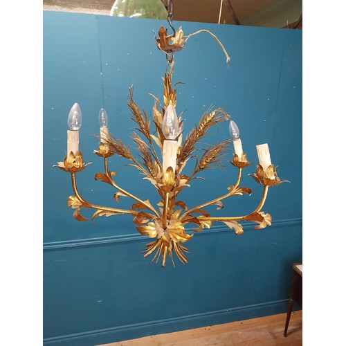 106 - Early 20th C. gilded metal wheat sheaf six branch chandelier {60 cm H x 74 cm Dia.}.