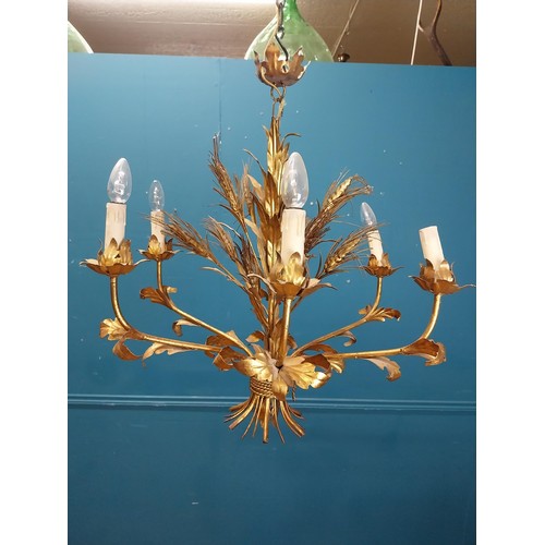 106 - Early 20th C. gilded metal wheat sheaf six branch chandelier {60 cm H x 74 cm Dia.}.