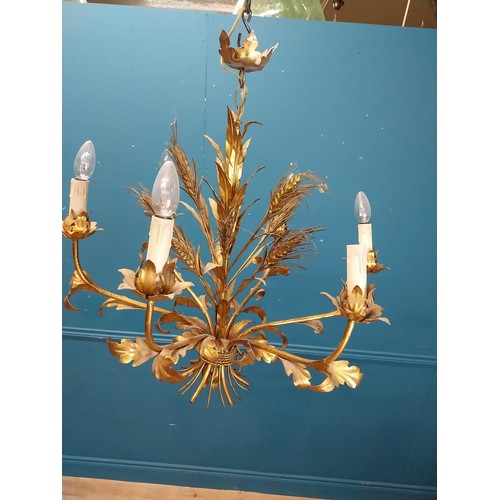 106 - Early 20th C. gilded metal wheat sheaf six branch chandelier {60 cm H x 74 cm Dia.}.