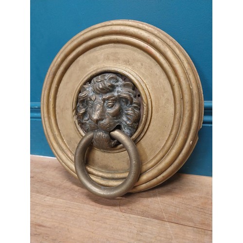 113 - 19th C. bronze door knocker, mounted on gilded circular wooden plaque {31 cm H x 30 cm W}.