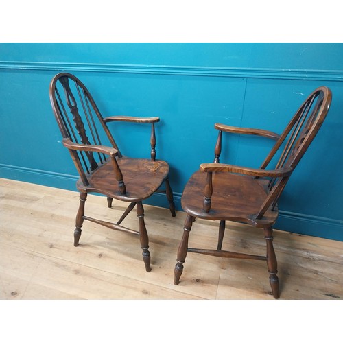 115 - Pair of ash and elm Windsor arm chairs {100 cm H x 60 cm W x 60 cm D}.