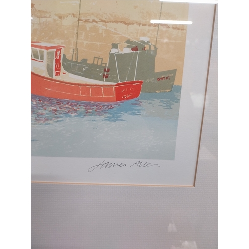 930 - Coloured print James Allen Annalong Harbour Limited Edition 35/40 mounted in wooden frame { 73cm H X