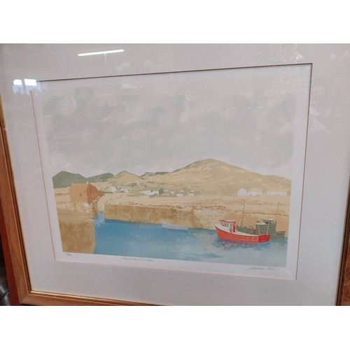 930 - Coloured print James Allen Annalong Harbour Limited Edition 35/40 mounted in wooden frame { 73cm H X