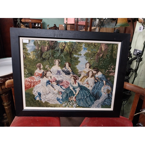 938 - Tapestry The Garden Party mounted in a wooden frame. { 66cm H X 84cm W }