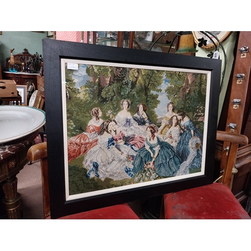 938 - Tapestry The Garden Party mounted in a wooden frame. { 66cm H X 84cm W }