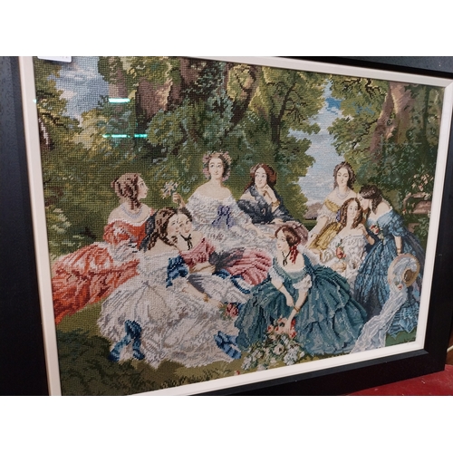 938 - Tapestry The Garden Party mounted in a wooden frame. { 66cm H X 84cm W }