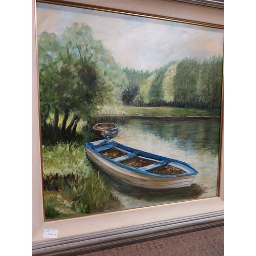 940 - M. Moylan River Boat Oil on Canvas. { 80cm H X 160cm W }.