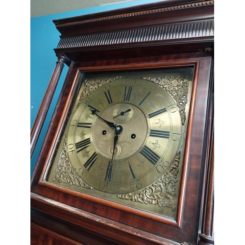 941 - Early 19th C. oak and mahogany inlaid long case Grandfather clock the moulded cornice above a brass ... 