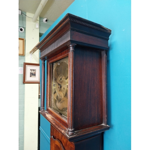 941 - Early 19th C. oak and mahogany inlaid long case Grandfather clock the moulded cornice above a brass ... 