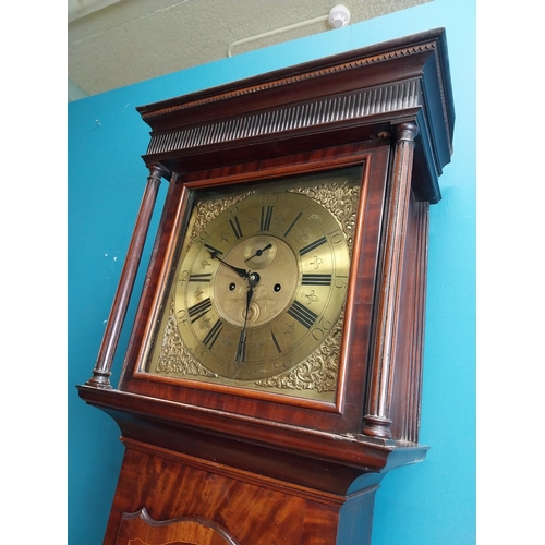 941 - Early 19th C. oak and mahogany inlaid long case Grandfather clock the moulded cornice above a brass ... 