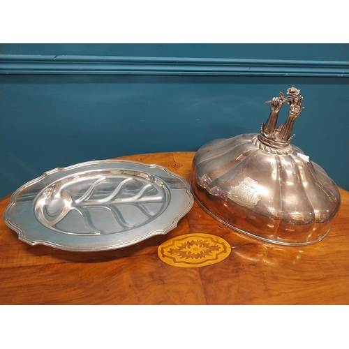 943 - Silver plate meat platter and silver plate meat dish cover. {5 cm H x 45 cm W x 32 cm D}.