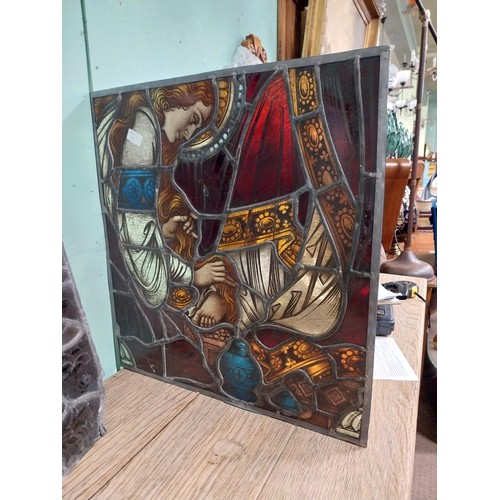 949 - 19th. C. stained glass bottom half panel depicting Mary Magdalen.  { 62cm H X 59cm W }.