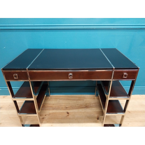 958 - Exceptional quality chrome and cherrywood designer desk with leather top and two short drawers and o... 