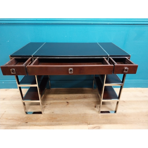 958 - Exceptional quality chrome and cherrywood designer desk with leather top and two short drawers and o... 