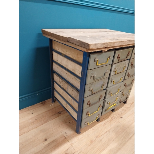 961 - 1950's painted pine and metal bank of eighteen drawers with original wrought iron handles. {76 cm H ... 