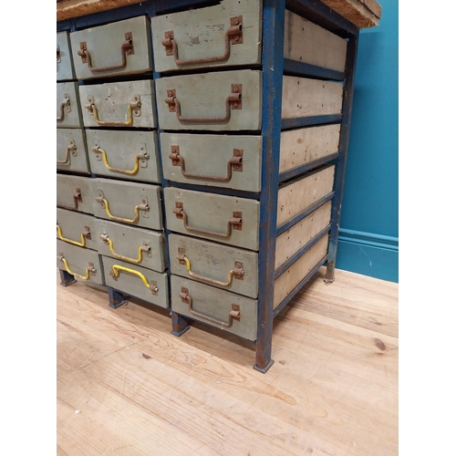 961 - 1950's painted pine and metal bank of eighteen drawers with original wrought iron handles. {76 cm H ... 