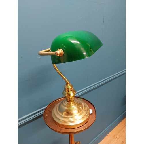 971 - Brass banker lamp with green glass shade {38 cm H x 28 cm W x 14 cm D}.