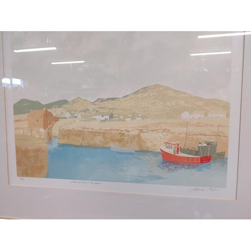 930 - Coloured print James Allen Annalong Harbour Limited Edition 35/40 mounted in wooden frame { 73cm H X