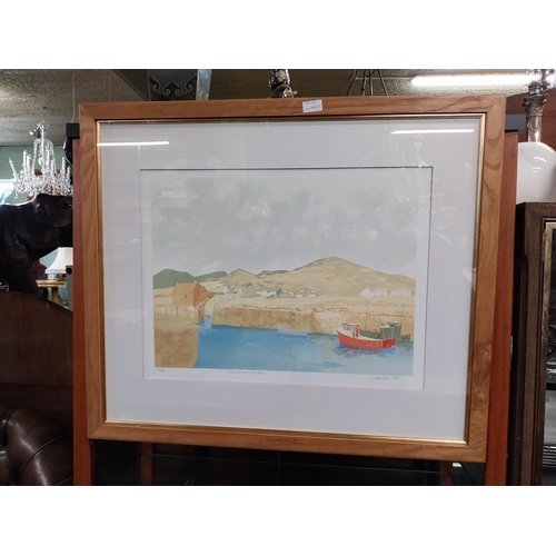 930 - Coloured print James Allen Annalong Harbour Limited Edition 35/40 mounted in wooden frame { 73cm H X