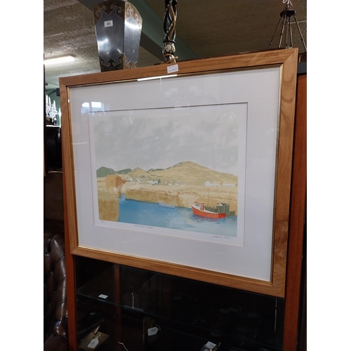 930 - Coloured print James Allen Annalong Harbour Limited Edition 35/40 mounted in wooden frame { 73cm H X