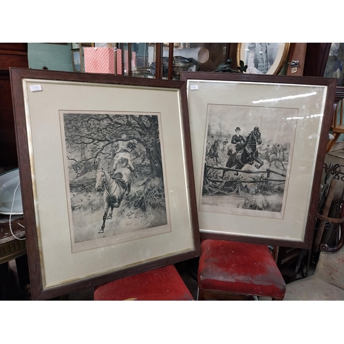 936 - Pair of Stanley Berkeley black and white Hunting prints mounted in wooden frames  - Caought In A Squ... 