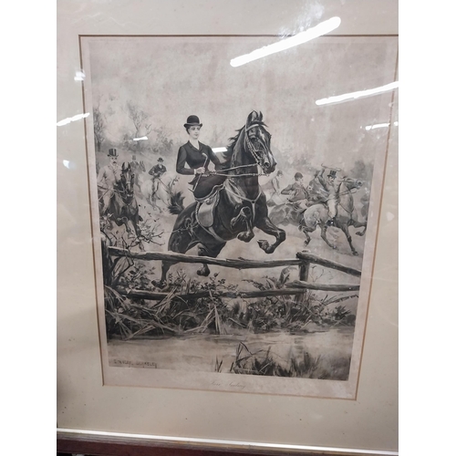 936 - Pair of Stanley Berkeley black and white Hunting prints mounted in wooden frames  - Caought In A Squ... 