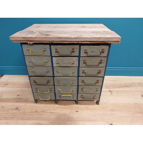 961 - 1950's painted pine and metal bank of eighteen drawers with original wrought iron handles. {76 cm H ... 