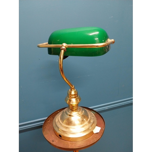 971 - Brass banker lamp with green glass shade {38 cm H x 28 cm W x 14 cm D}.