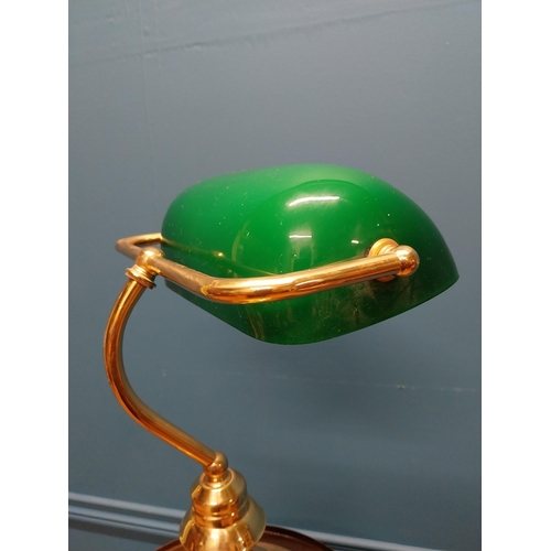 971 - Brass banker lamp with green glass shade {38 cm H x 28 cm W x 14 cm D}.