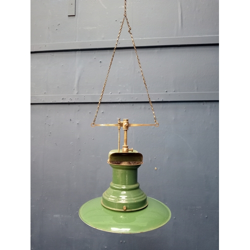 978 - Enamel industrial ceiling lamp. { 30cm H X 30cm Dia }.