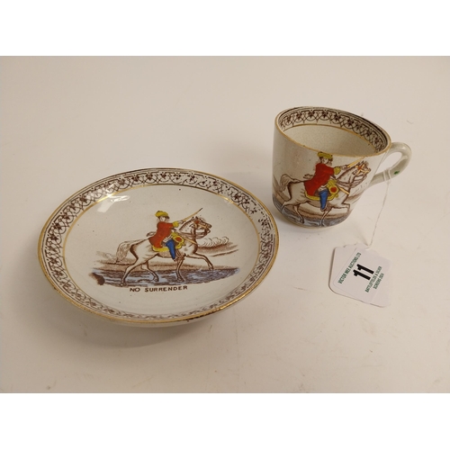 11 - 19th C. commemorative William of Orange Cup and Saucer. {7 cm H x 10 cm Dia}. Saucer {14 cm Dia.}.