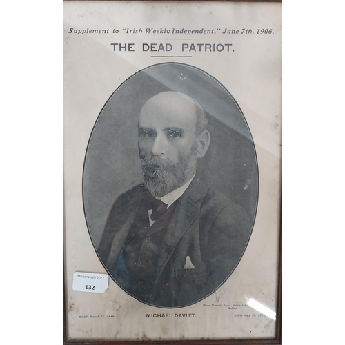 132 - Framed Supplement to the Irish Weekly Independent Death of a Patriot Micheal Davitt. {43 cm H x 30 c... 