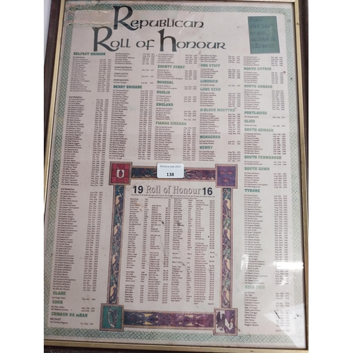 138 - Framed coloured print of the Republican Roll of Honour 1971 - 1991. {53 cm H x 29 cm W}.