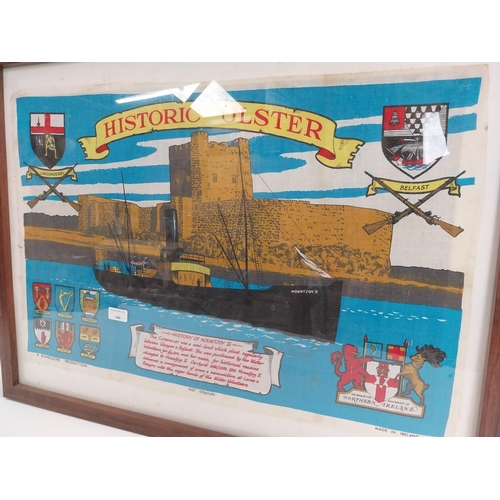 140 - Framed coloured tea towel of Arms Ship Mountjoy II. {65 cm H x 85 cm W}.