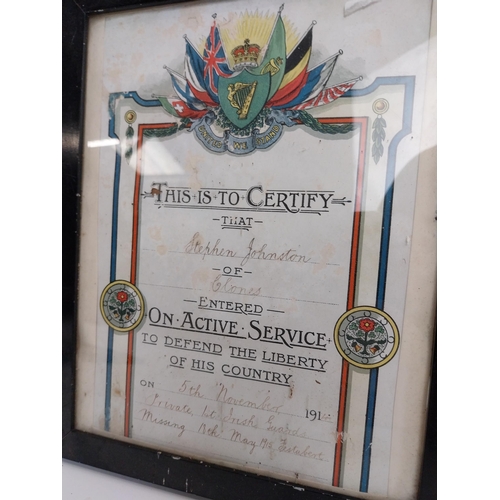 144 - Two WWI Active Service Certificates attributed to Stephen Johnston entered 5th November 1914 and wen... 