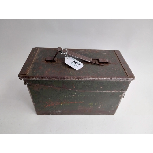 147 - WWII metal ammunition box. {18 cm H x 30 cm W x 15 cm D}.