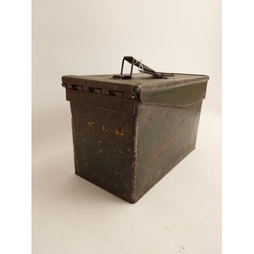 147 - WWII metal ammunition box. {18 cm H x 30 cm W x 15 cm D}.