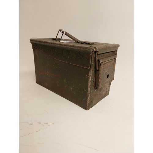 147 - WWII metal ammunition box. {18 cm H x 30 cm W x 15 cm D}.