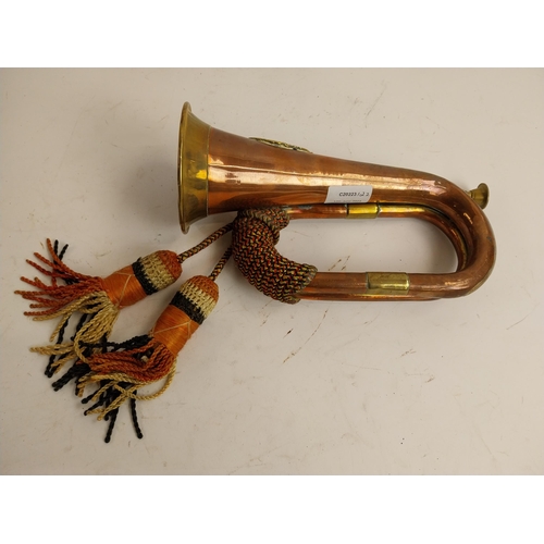 148 - Sunderland and Argyle military brass and copper bugle. {26 cm H x 13 cm W x 10 cm D}.