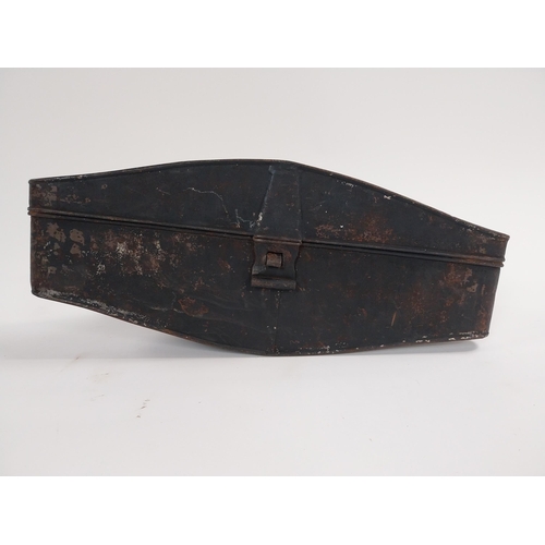 19 - 19th C. Metal tricorn Hat box. {49 cm H x 31 cm W x 14 cm D}.