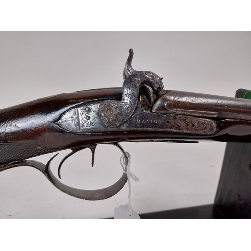 193 - 19th.C. percussion capped side-by-side double barrel shotgun, with walnut stock, chased action, dama... 