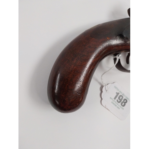 198 - 19th. C. flintlock pistol, walnut stock, chased action, brass barrel, wood & brass ramrod, sprung ba... 