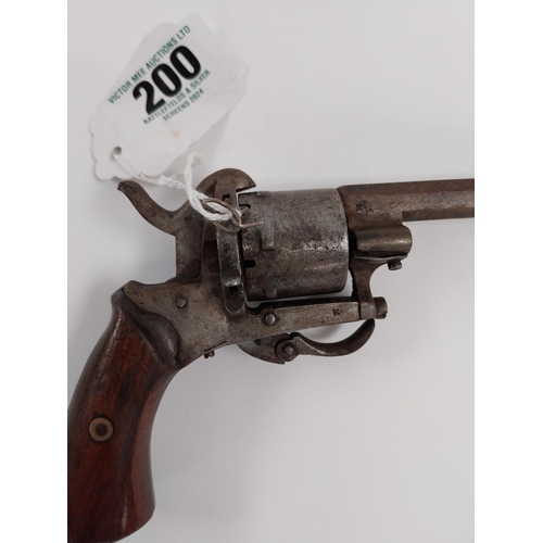 200 - 19th. C. pinfire revolver, with folding trigger with Belgium proof stamps { 17cm L overall. }.