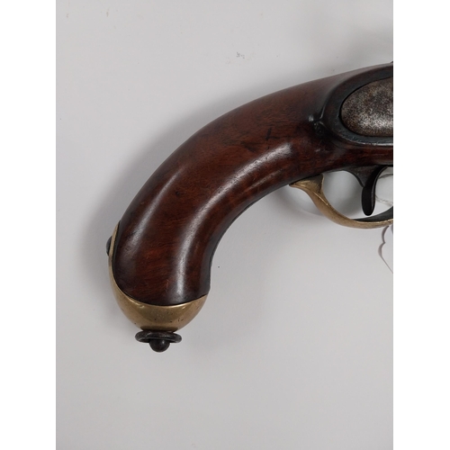 204 - 19th. C. percussion pistol with brass mounts and lanyard ring, ramrod missing.  { 37cm L overall. }.