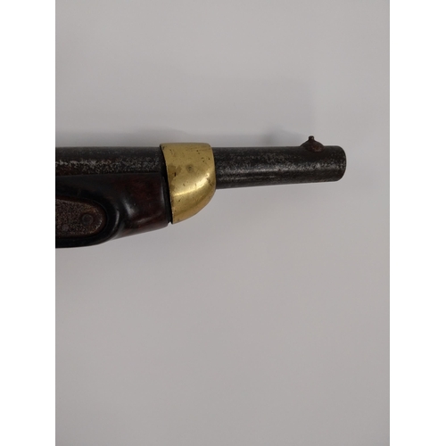 204 - 19th. C. percussion pistol with brass mounts and lanyard ring, ramrod missing.  { 37cm L overall. }.