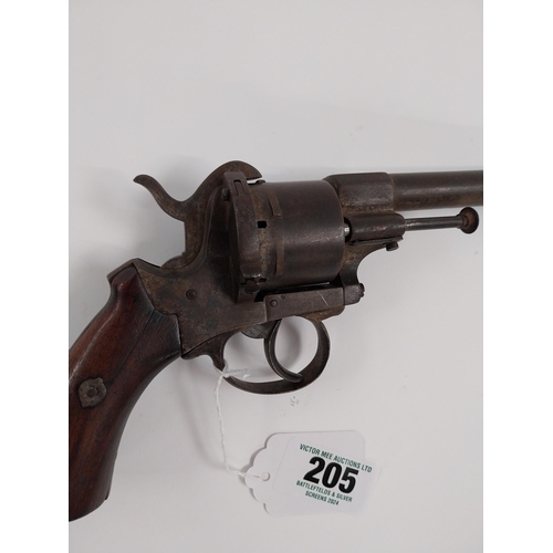 205 - 19th. C. pinfire pistol, 6 shot. { 29cm L overall. }.