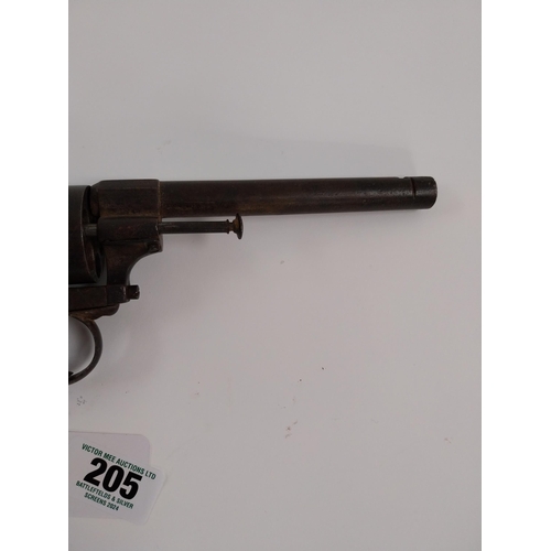 205 - 19th. C. pinfire pistol, 6 shot. { 29cm L overall. }.