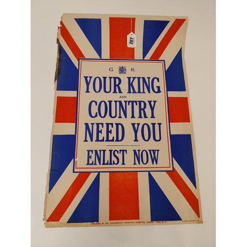 207 - Original WWI recruitment poster G R Your King and Country Need You published by the Parliamentary Re... 